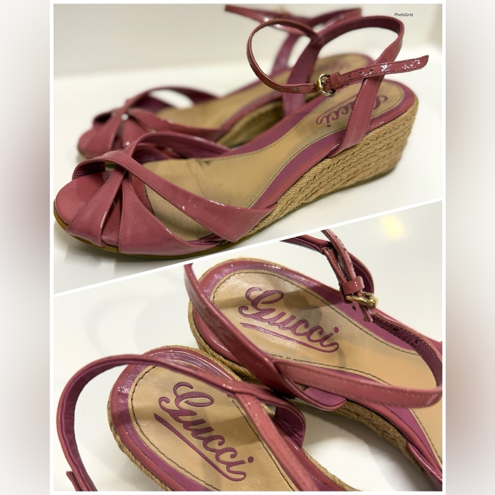 GUCCI Microguccissima Shine Low Wedge Sandals, Size 6.5‎